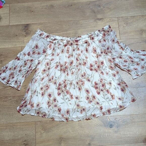 Lucky Brand Sheer Layered Floral Top with Flowing Bell Sleeves Large - Picture 1 of 8